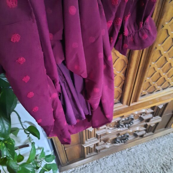Button Down Smocked Swiss Dot Ruffle Tiered Boho Maxi Dress NWT! - Wine/Red, S - Picture 11 of 16